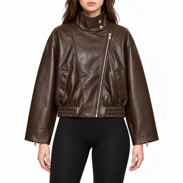 Model wearing brown asymmetric-zip bomber