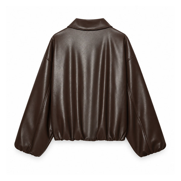 Brown Balloon-Sleeve Zip Faux-Leather Bomber — back view