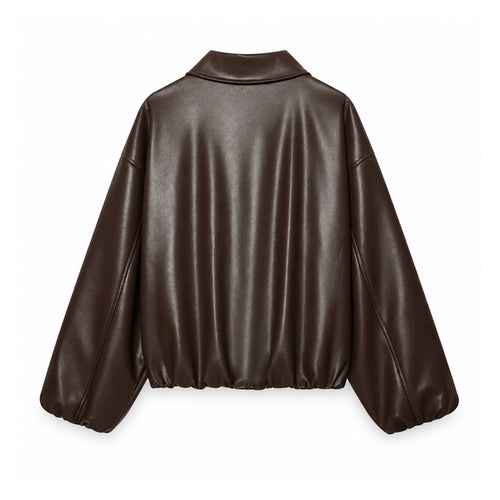 Balloon-Sleeve Zip Faux-Leather Bomber - back