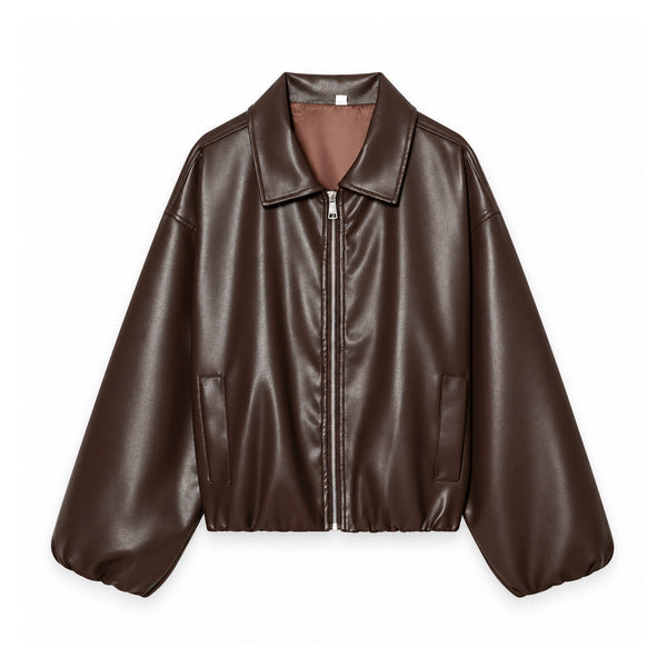 Brown Balloon-Sleeve Zip Faux-Leather Bomber — front view