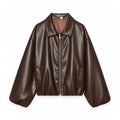 Brown Balloon-Sleeve Zip Faux-Leather Bomber — front view