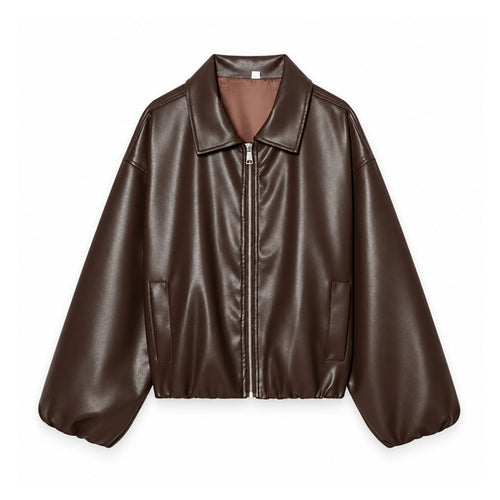 Balloon-Sleeve Zip Faux-Leather Bomber - front