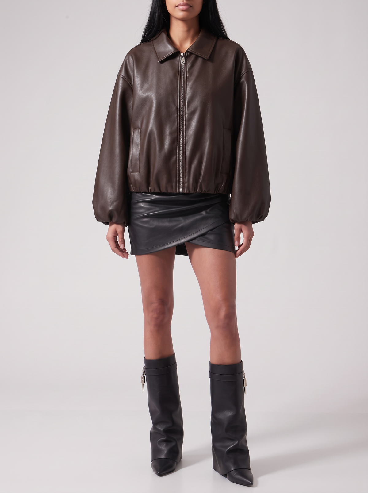 Brown Balloon-Sleeve Zip Faux-Leather Bomber — styled model view