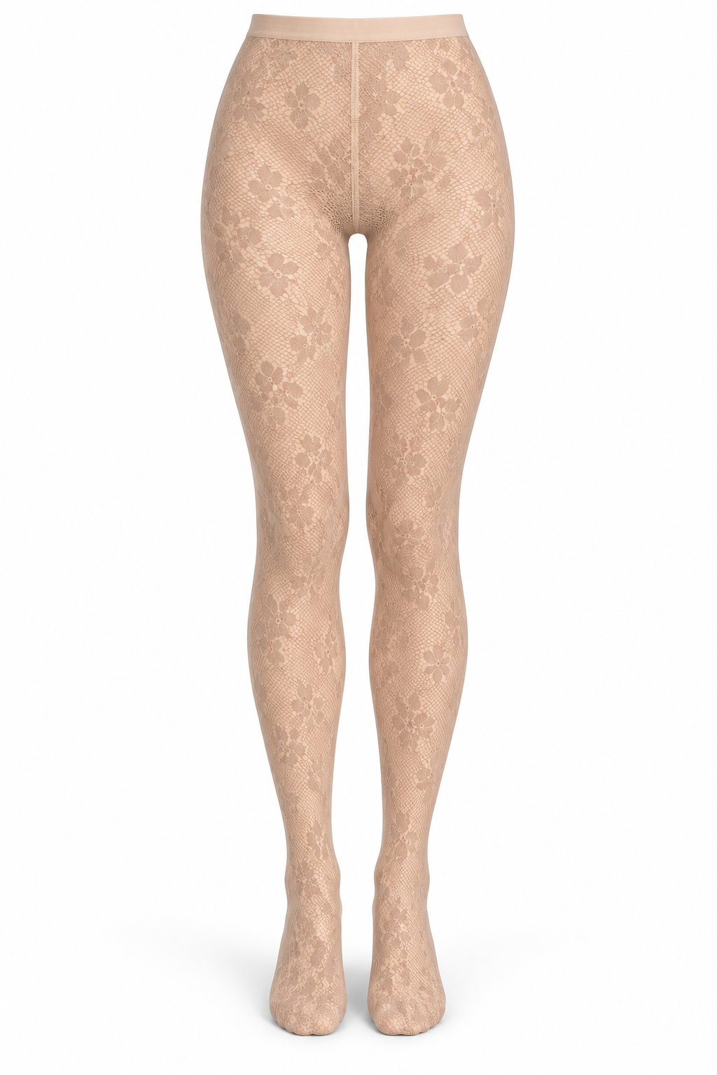 Beige Small Floral Lace Tights — front view