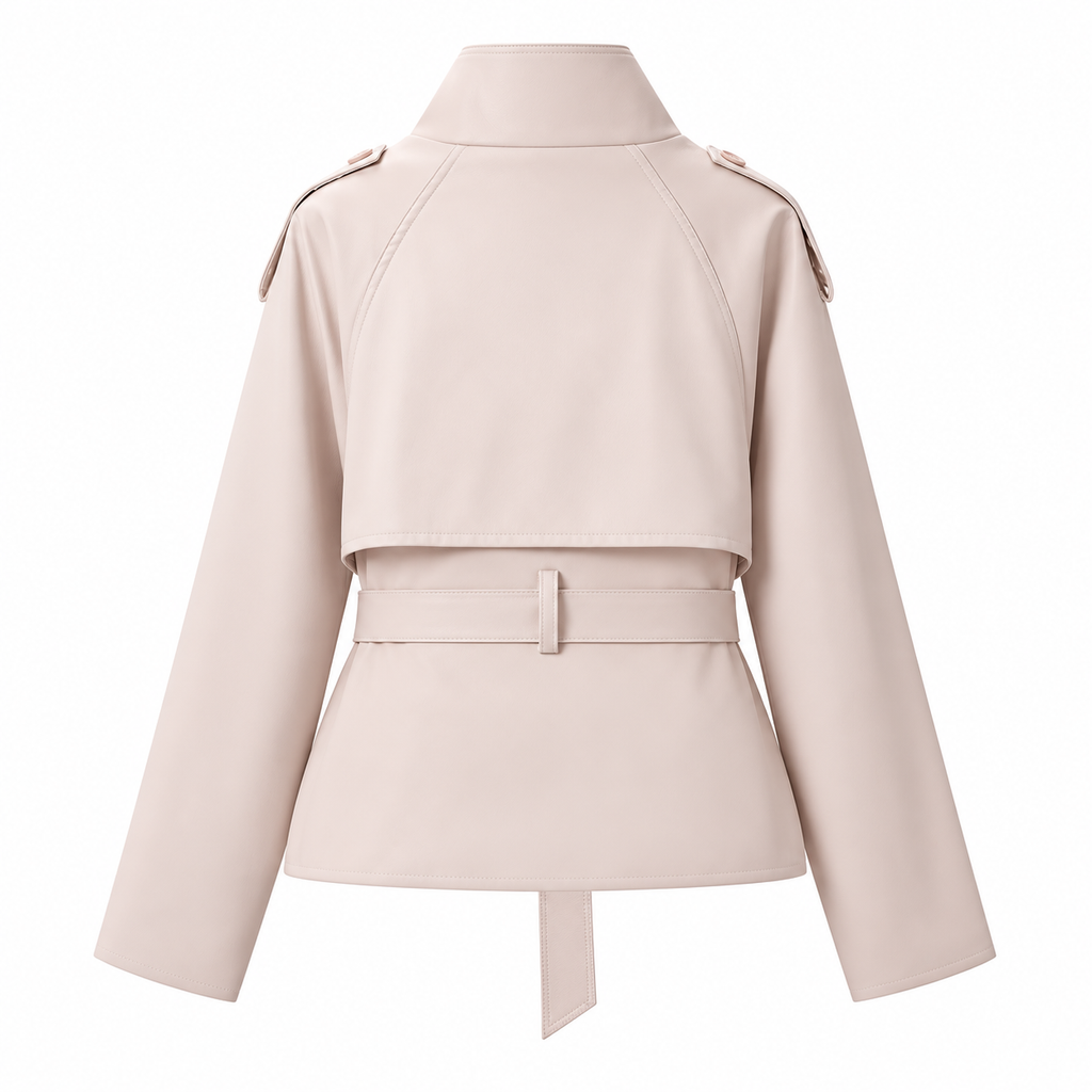 Pale Blush Belted Double-Breasted High-Collar Jacket — back view