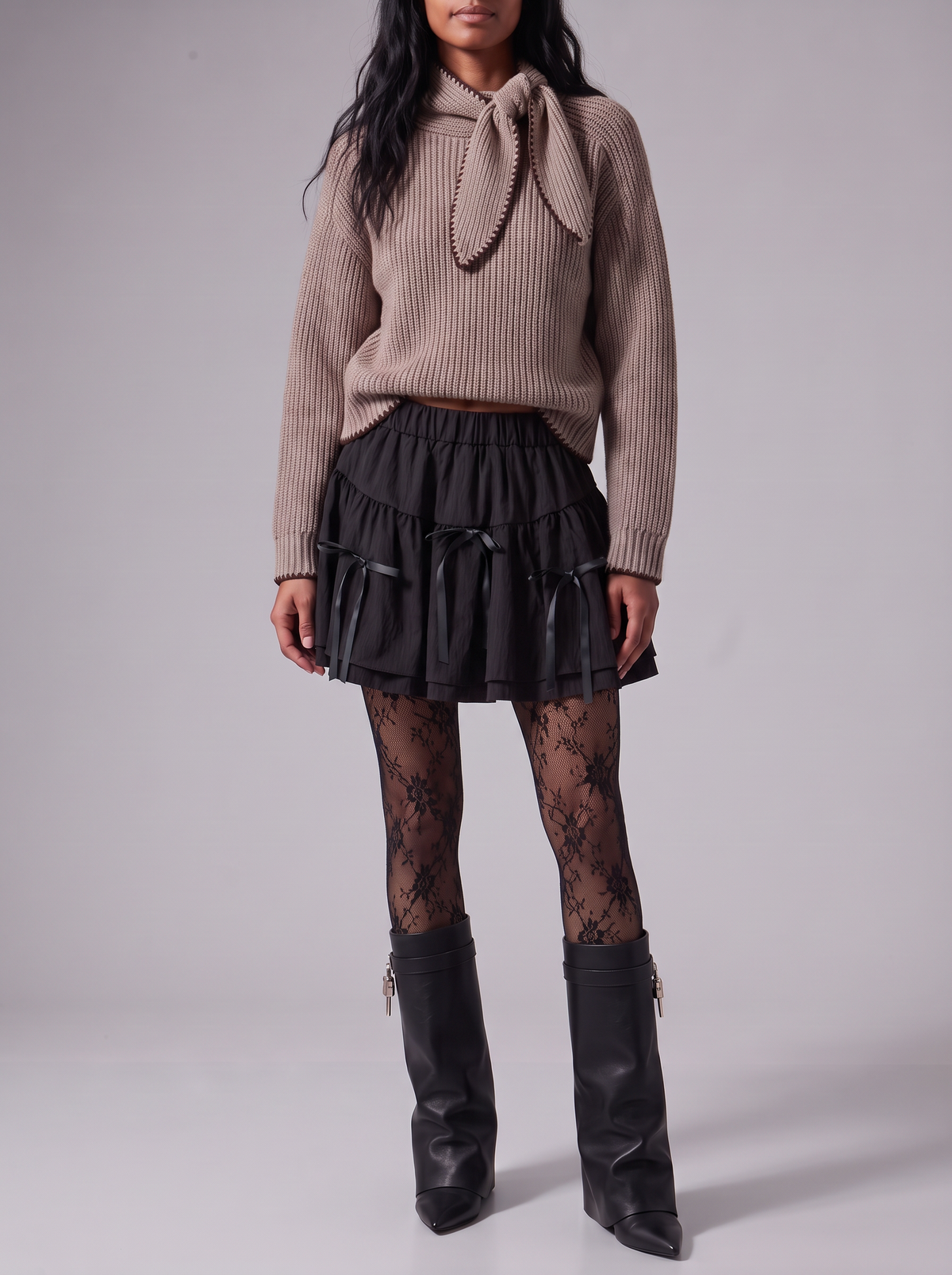 Black Bellinna Bow Tiered Mini Skirt — styled model view