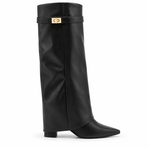Black smooth Side-Clasp Fold-Over Boots — side view