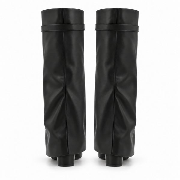 Black smooth Side-Clasp Fold-Over Boots — back view