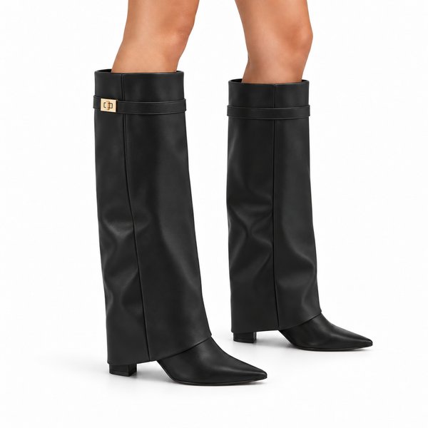 Black smooth Side-Clasp Fold-Over Boots — on-foot view