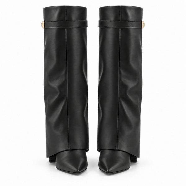 Black smooth Side-Clasp Fold-Over Boots — front view