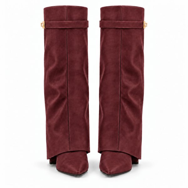 Burgundy Side-Clasp Fold-Over Boots — front view