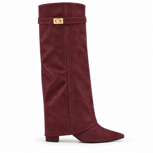 Burgundy Side-Clasp Fold-Over Boots — side view