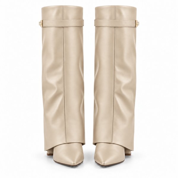 Light beige smooth Side-Clasp Fold-Over Boots — front view
