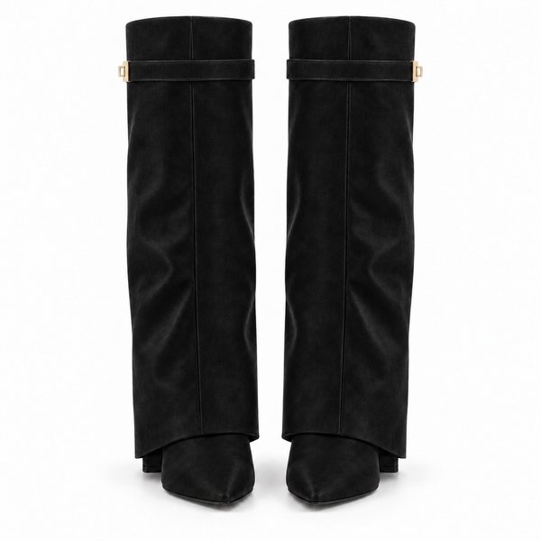 Black suede-look Side-Clasp Fold-Over Boots — front view