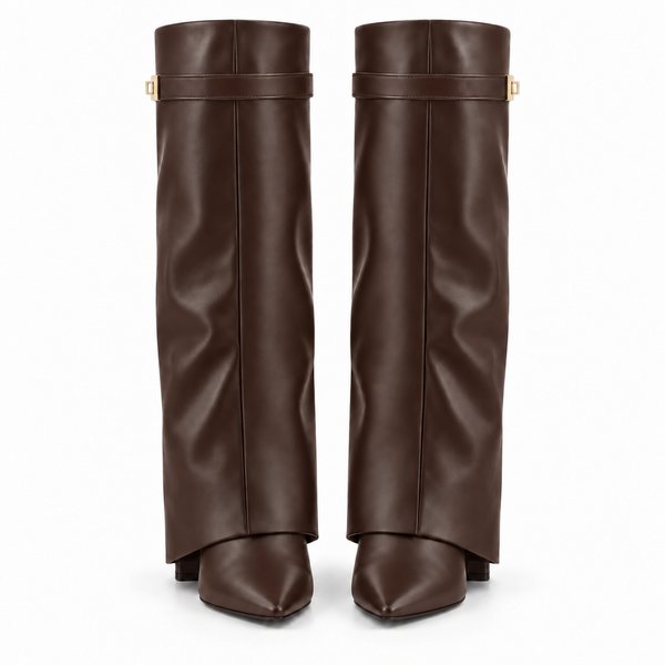 Dark brown smooth Side-Clasp Fold-Over Boots — front view