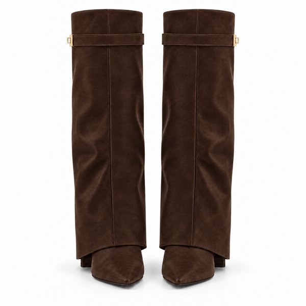 Dark chocolate suede-look Side-Clasp Fold-Over Boots — front view