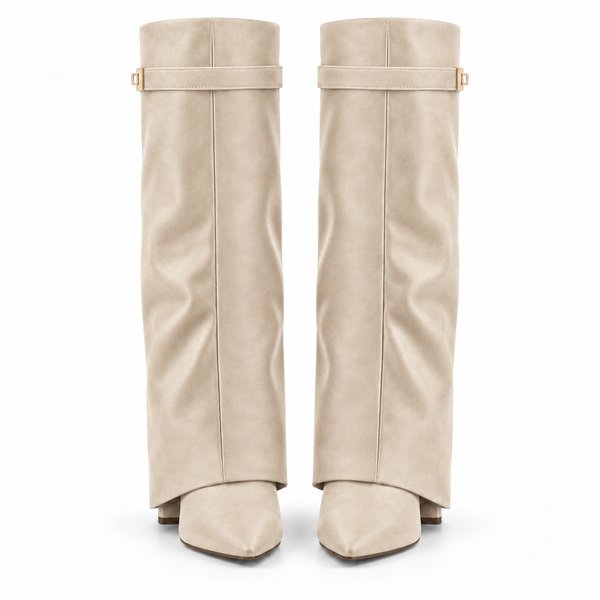 Cream suede-look Side-Clasp Fold-Over Boots — front view