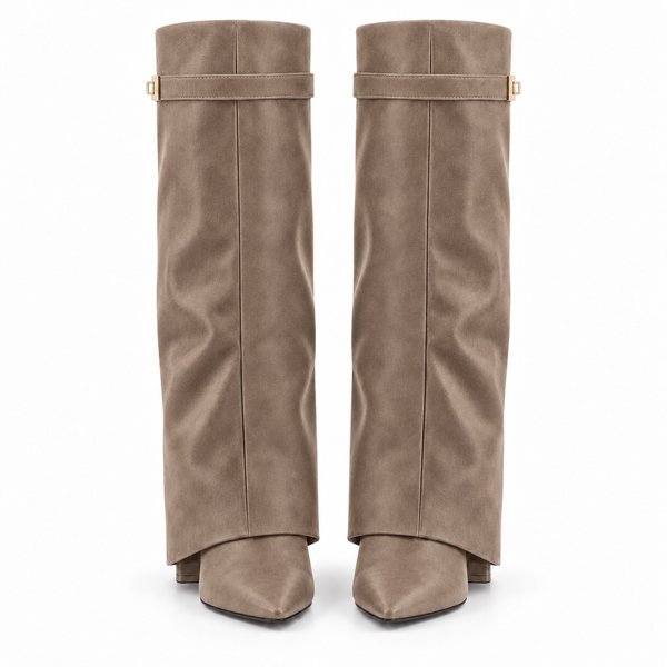 Taupe suede-look Side-Clasp Fold-Over Boots — front view