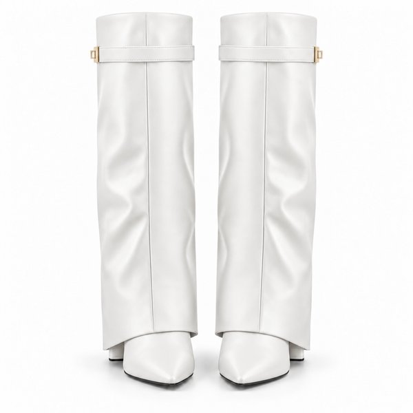 White smooth Side-Clasp Fold-Over Boots — front view