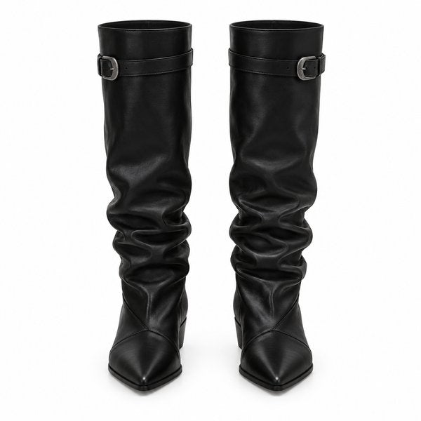 Black Buckle Slouch Low-Heel Boots — front view