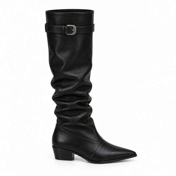 Black Buckle Slouch Low-Heel Boots — side view