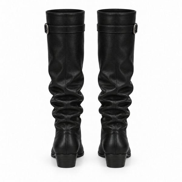 Black Buckle Slouch Low-Heel Boots — back view