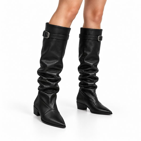 Black Buckle Slouch Low-Heel Boots — on-foot view