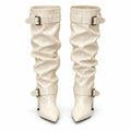 Ivory Double-Buckle Slouch Boots — front view