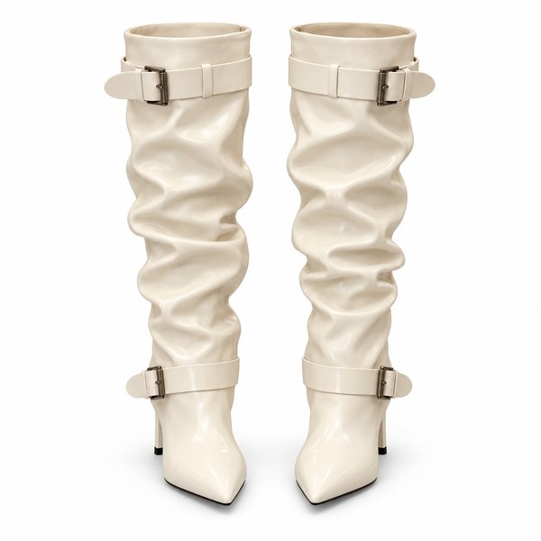Ivory Double-Buckle Slouch Boots — front view