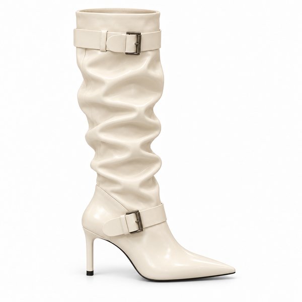 Ivory Double-Buckle Slouch Boots — side view