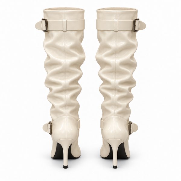 Ivory Double-Buckle Slouch Boots — back view