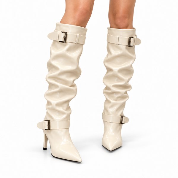 Ivory Double-Buckle Slouch Boots — on-foot view