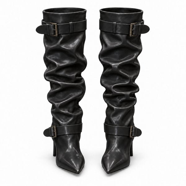 Black smooth Double-Buckle Slouch Boots — front view