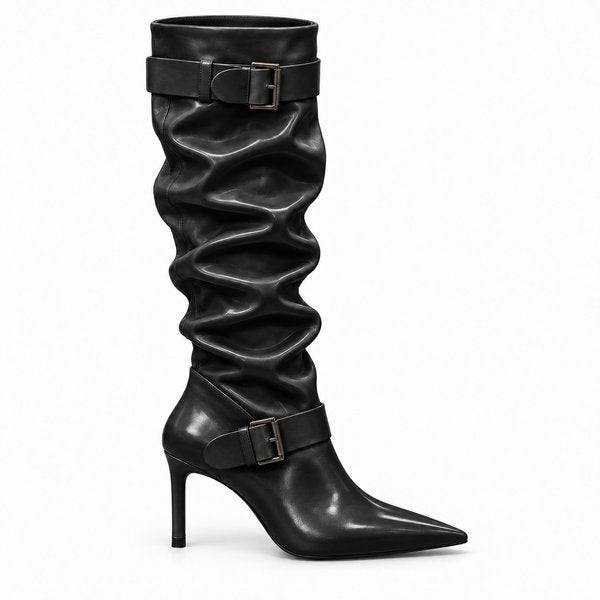 Black smooth Double-Buckle Slouch Boots — side view