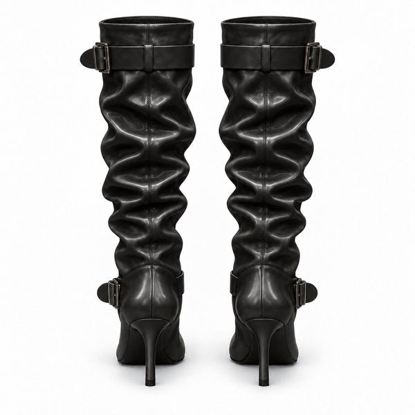 Black smooth Double-Buckle Slouch Boots — back view