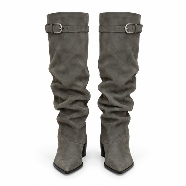 Charcoal gray Single-Buckle Slouch Boots — front view