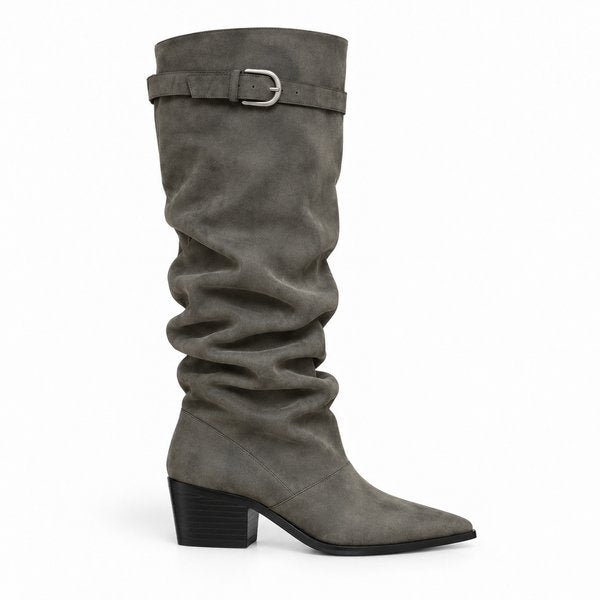 Charcoal gray Single-Buckle Slouch Boots — side view