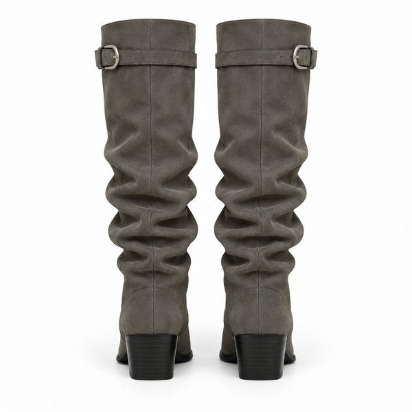 Charcoal gray Single-Buckle Slouch Boots — back view