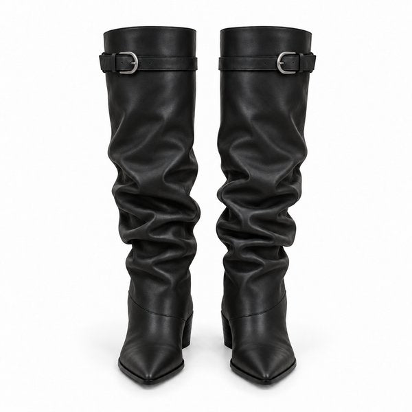 Black smooth Single-Buckle Slouch Boots — front view
