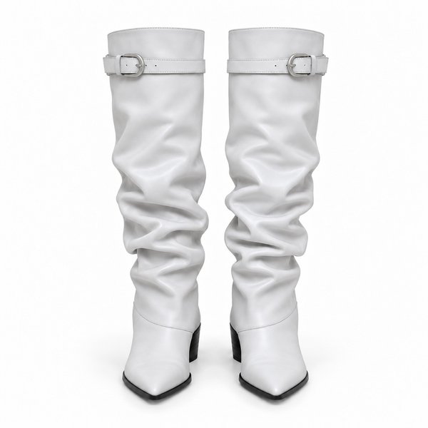 White smooth Single-Buckle Slouch Boots — front view