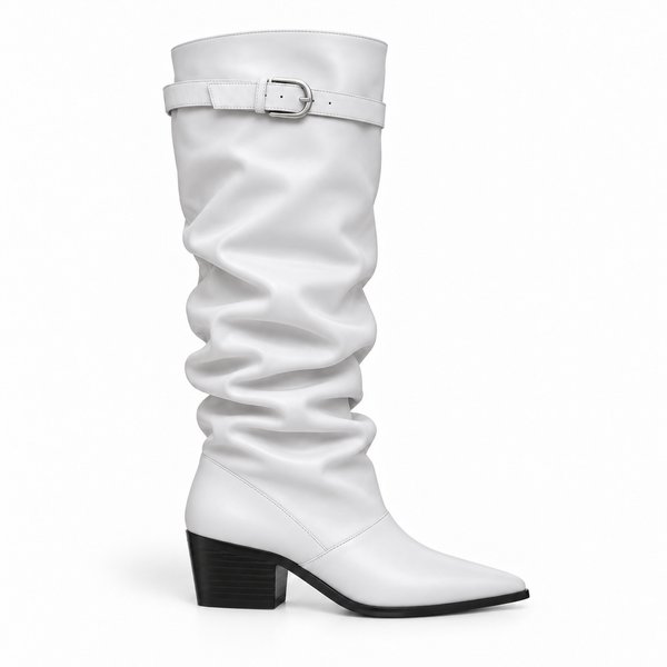 White smooth Single-Buckle Slouch Boots — side view