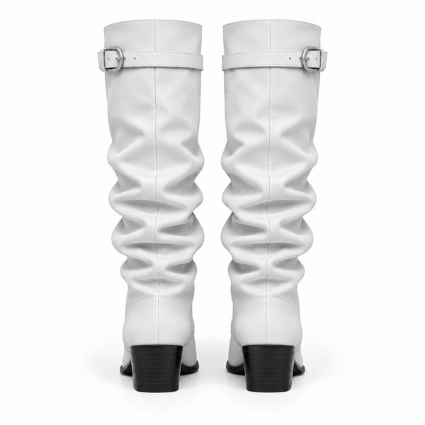White smooth Single-Buckle Slouch Boots — back view