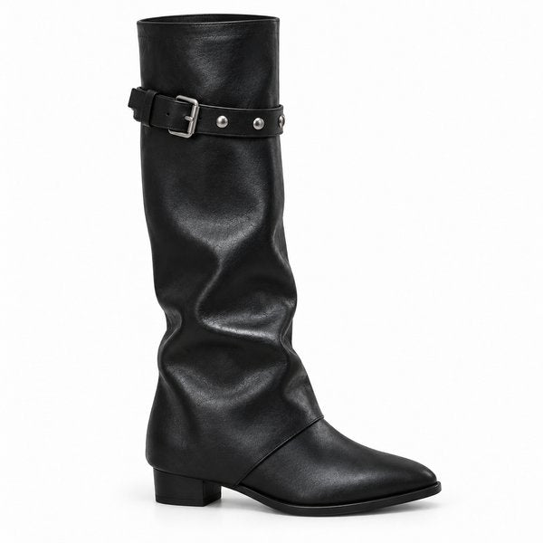 Black Studded-Strap Boots — side view