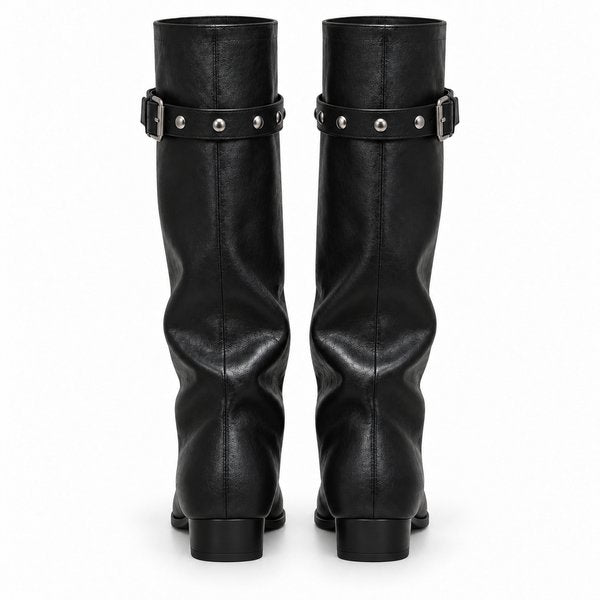 Black Studded-Strap Boots — back view