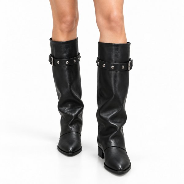 Black Studded-Strap Boots — on-foot view