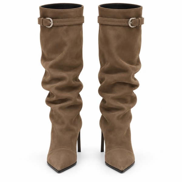 Brown Slouch Stiletto Boots — front view
