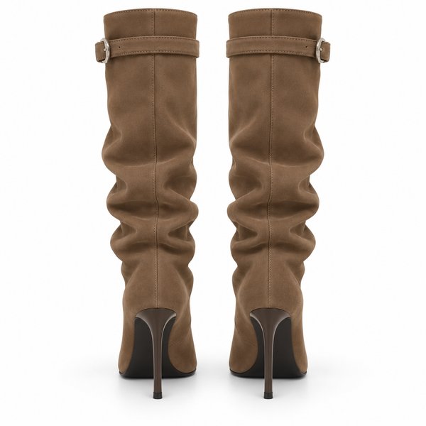 Brown Slouch Stiletto Boots — back view