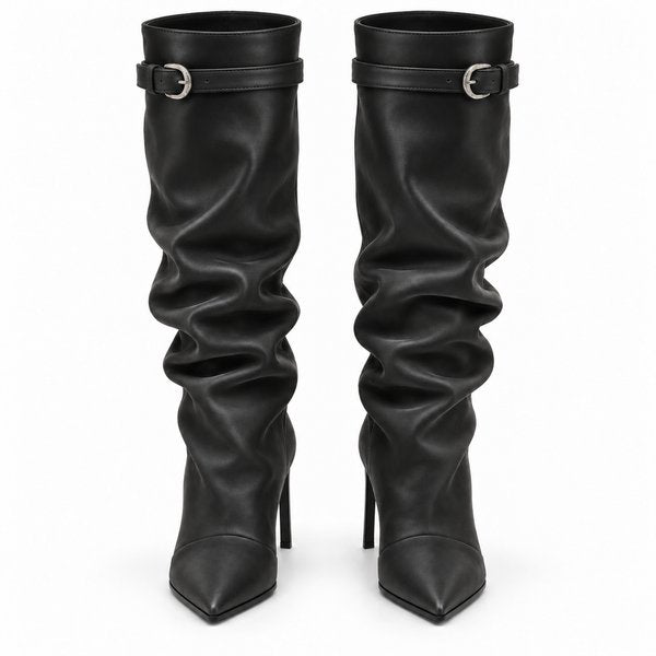 Black smooth Slouch Stiletto Boots — front view