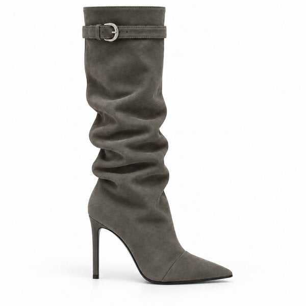 Gray suede-look Slouch Stiletto Boots — side view