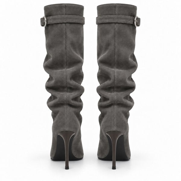 Gray suede-look Slouch Stiletto Boots — back view